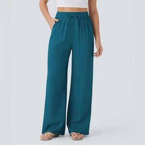 HALARA Linen -Feel Drawstring High Waist Wide-Leg Teal Pants Women’s  S  L